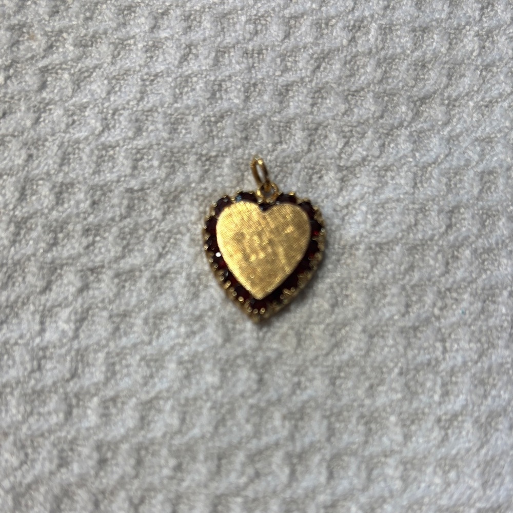 14k Gold Heart Pendant with Dark Brown Border, possibly rubies.  Antique.